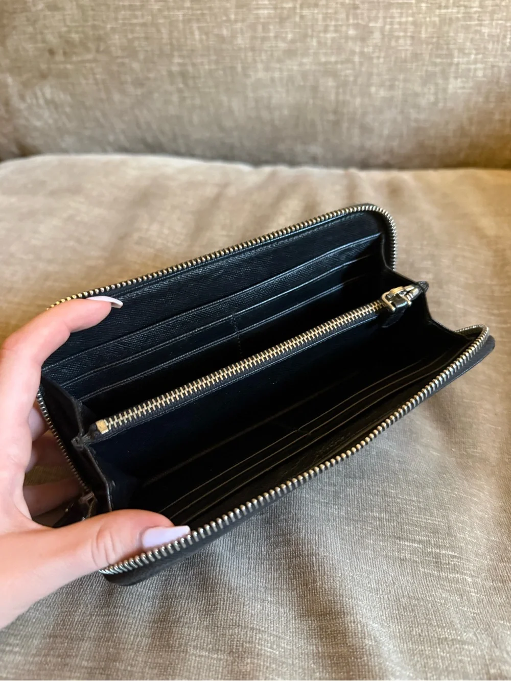 Prada Black Saffiano Zip Wallet with Silver Logo